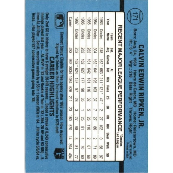 1988 Cal Ripken Jr. Donruss Baseball Card #171 - Picture 2 of 2